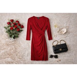 Lauren Ralph Lauren Red Wrap Dress | 3/4 Sleeve V-Neck | Knee Length | Size 4P